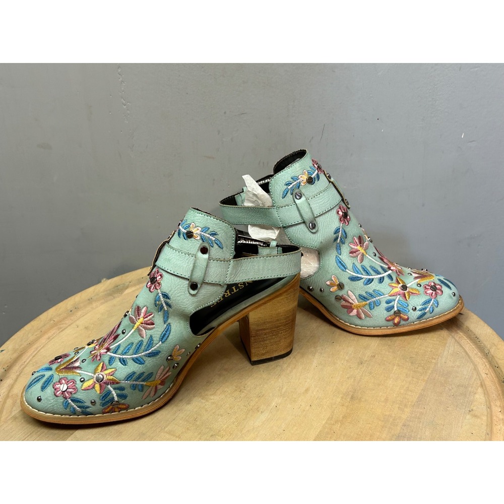 Tinstree Mint Green Floral Embroidered Studded Slingback Block Heel Booties 8 - Picture 7 of 12